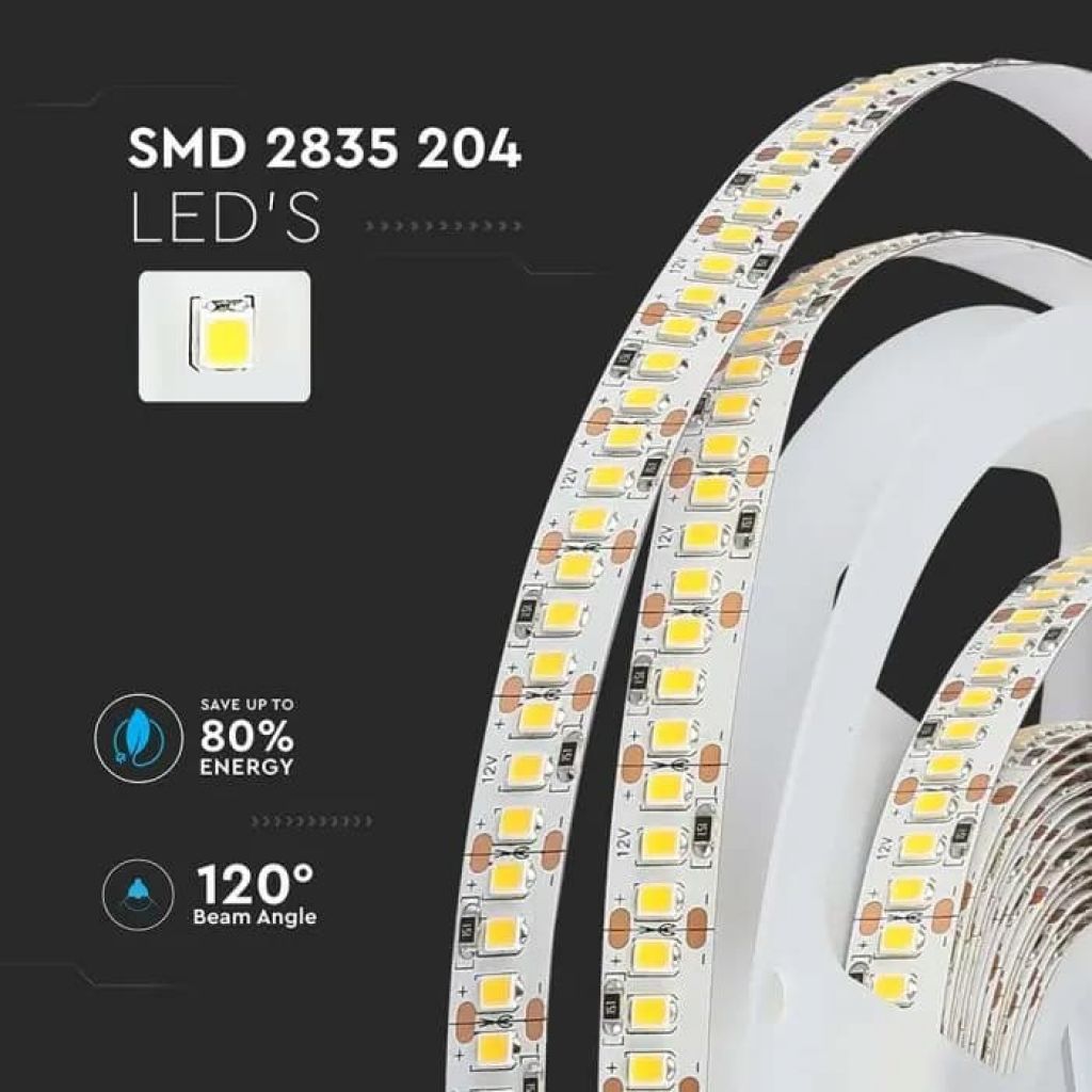Striscia LED Flessibile 85W V-Tac SMD Monocolore 204 LED/metro 12V - Bobina 5 metri - Potenza 17 w/m