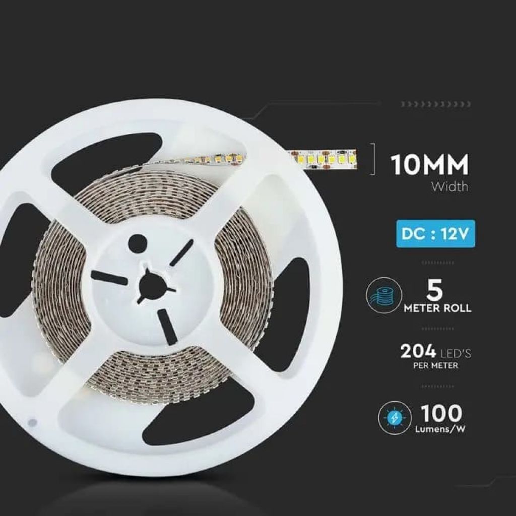 Striscia LED Flessibile 85W V-Tac SMD Monocolore 204 LED/metro 12V - Bobina 5 metri - Potenza 17 w/m
