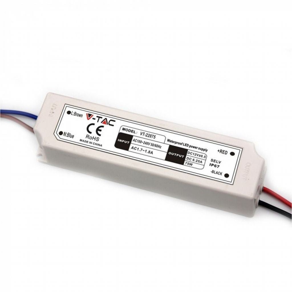 V - Tac Alimentatore 75W 12V Impermeabile IP67 a 1 Uscita con Cavi a Saldare - Elettrohub.it