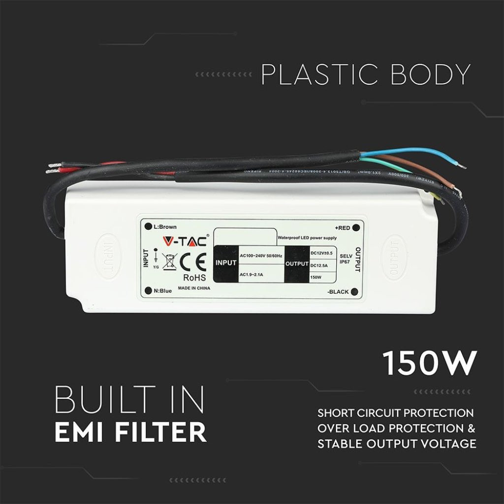 V - Tac Alimentatore 150W 12V Impermeabile IP67 a 1 Uscita con Cavi a Saldare - Elettrohub.it