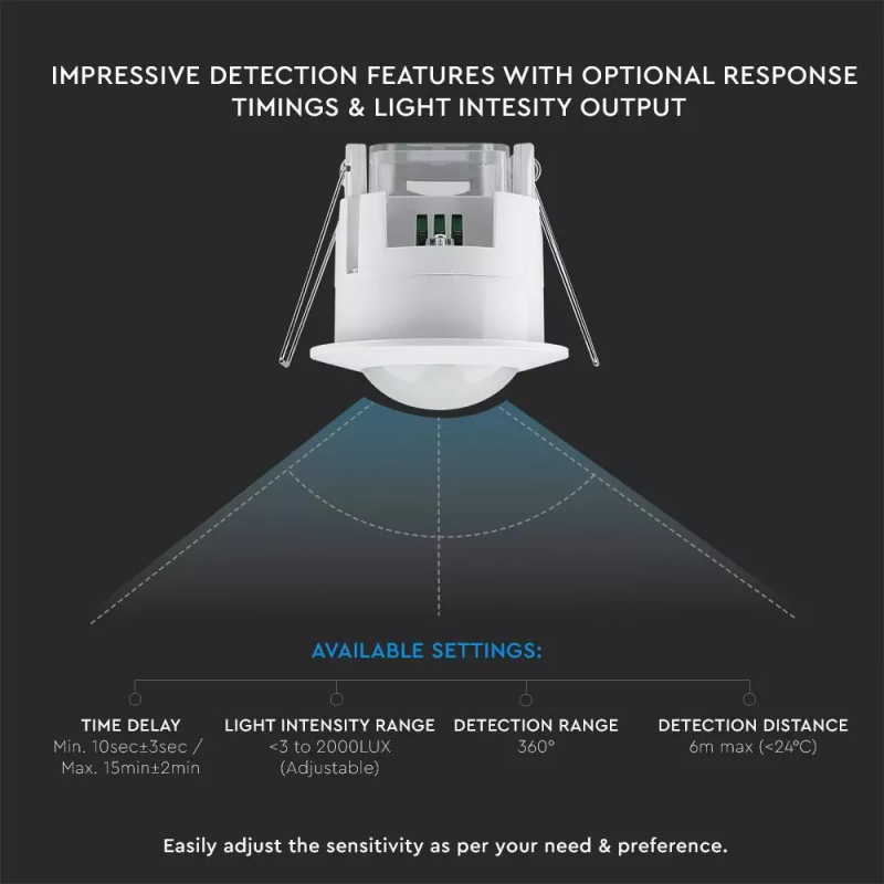 Sensore di Movimento a Infrarossi 360° - V-TAC - Montaggio a Incasso - Colore Bianco (Max 300W) - IP20