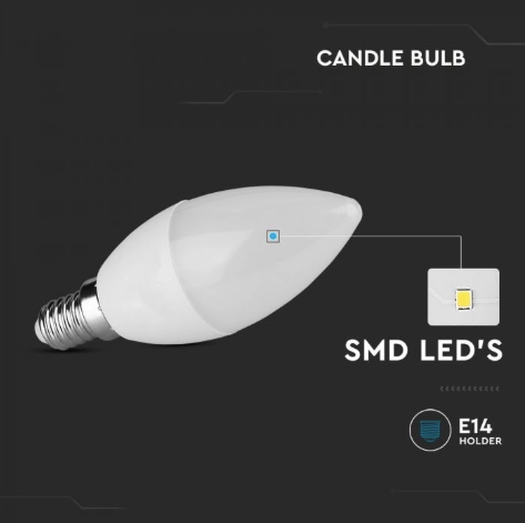 Lampadina LED E14 7W V-Tac Candela Chip Samsung - Disponibile Luce: Calda 3000K - Naturale 4000K - Fredda 6500K