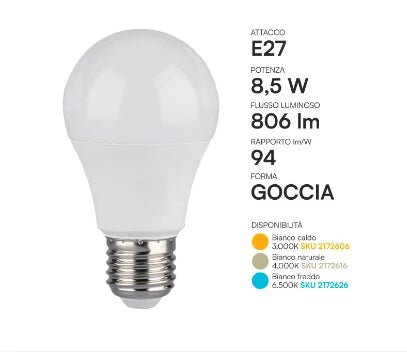 Lampadina Led E27 8,5W V - TAC - A60 - Goccia SMD - Disponibile Luce: Calda 3000k - Naturale 4000k - Fredda 6500k - Elettrohub.it