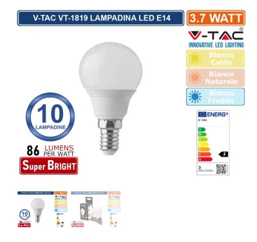 Lampadina Led E14 3.7W V - TAC - Bulb P45 - Miniglobo SMD - Disponibile Luce: Calda 3000k - Naturale 4000k - Fredda 6500k - Elettrohub.it