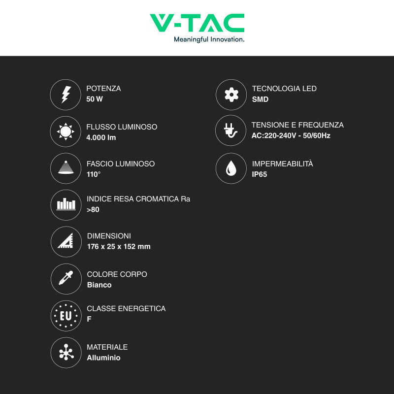 Faro LED 50W V-TAC SMD IP65 bianco - Disponibile Luce: Fredda 6500K - Elettrohub.it