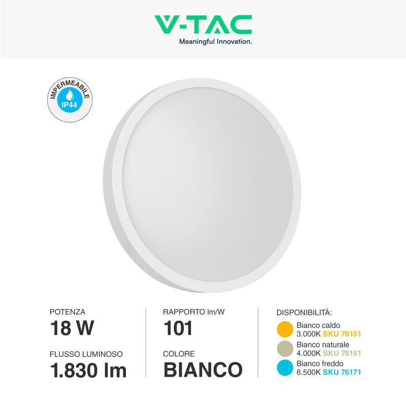 Pannello LED Rotondo 18W V - Tac SMD IP44 da Parete - Disponibile Luce: Calda 3000K, Naturale 4000K e Fredda 6500K - Elettrohub.it