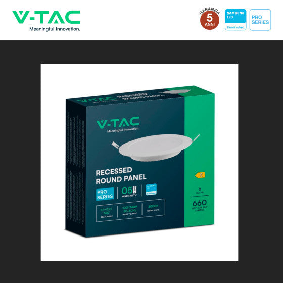 Pannello LED Rotondo 6W V-Tac SMD Chip Samsung da Incasso con Driver - Disponibile Luce: Calda 3000K, Naturale 4000K e Fredda 6500K