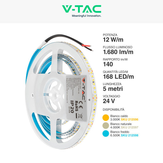 V-Tac Striscia LED Flessibile 60W SMD Monocolore 168 LED/metro 24V - Bobina 5 metri - Potenza 12 w/m