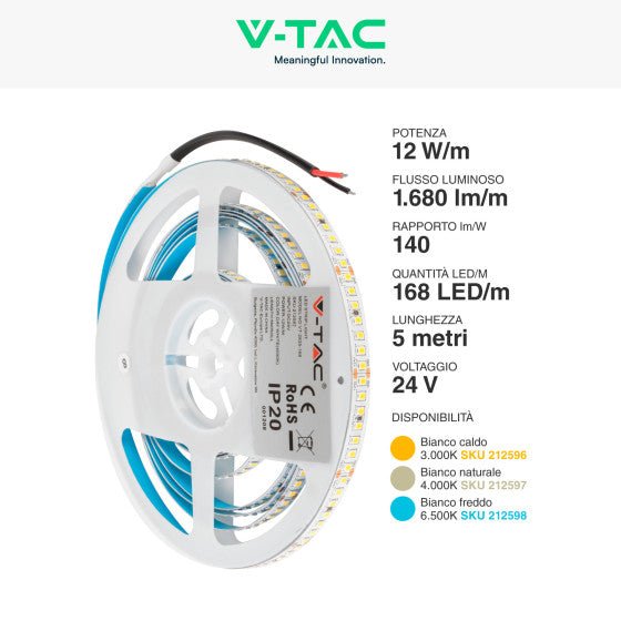 V - Tac Striscia LED Flessibile 60W SMD Monocolore 168 LED/metro 24V - Bobina 5 metri - Potenza 12 w/m - Elettrohub.it