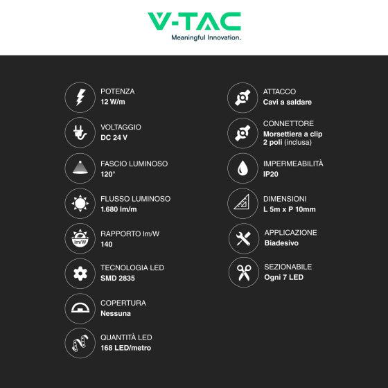 V-Tac Striscia LED Flessibile 60W SMD Monocolore 168 LED/metro 24V - Bobina 5 metri - Potenza 12 w/m
