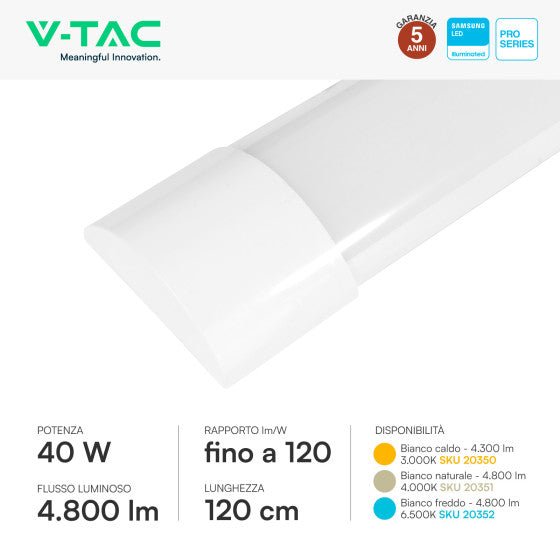 Tubo LED Prismatico 40W V - Tac Plafoniera SMD Lampadina 120cm Chip Samsung - Disponibile con: Luce Bianca Naturale 4000K e Fredda 6500K - Elettrohub.it