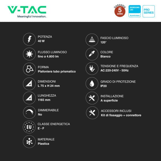 Tubo LED Prismatico 40W V - Tac Plafoniera SMD Lampadina 120cm Chip Samsung - Disponibile con: Luce Bianca Naturale 4000K e Fredda 6500K - Elettrohub.it