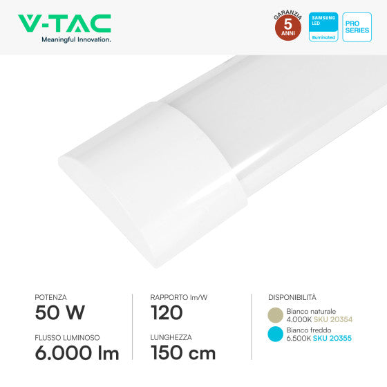 Tubo LED Prismatico 50W V-Tac Plafoniera SMD Lampadina 150cm Chip Samsung - Disponibile con: Luce Bianca Naturale 4000K e Fredda 6500K