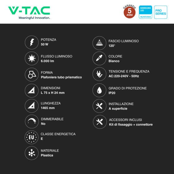 Tubo LED Prismatico 50W V - Tac Plafoniera SMD Lampadina 150cm Chip Samsung - Disponibile con: Luce Bianca Naturale 4000K e Fredda 6500K - Elettrohub.it