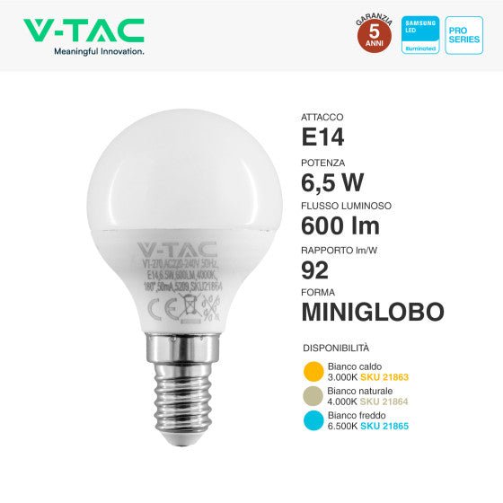 Lampadina LED E14 6,5W V - Tac Bulb P45 MiniGlobo SMD Chip Samsung - Disponibile Luce: Calda 3000K - Naturale 4000K - Fredda 6500K - Elettrohub.it