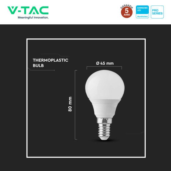 Lampadina LED E14 6,5W V - Tac Bulb P45 MiniGlobo SMD Chip Samsung - Disponibile Luce: Calda 3000K - Naturale 4000K - Fredda 6500K - Elettrohub.it