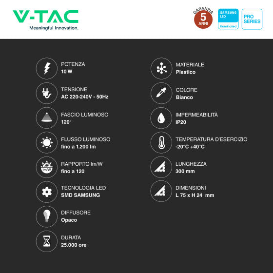 Tubo LED Prismatico Plafoniera 10W V-Tac Chip Samsung Lampadina 30cm - Disponibile Luce: Calda 3000K - Naturale 4000K - Fredda 6500K