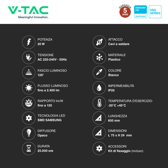 Tubo LED Prismatico Plafoniera 20W V-Tac Chip Samsung Lampadina 60cm - Disponibile Luce: Calda 3000K - Naturale 4000K - Fredda 6500K