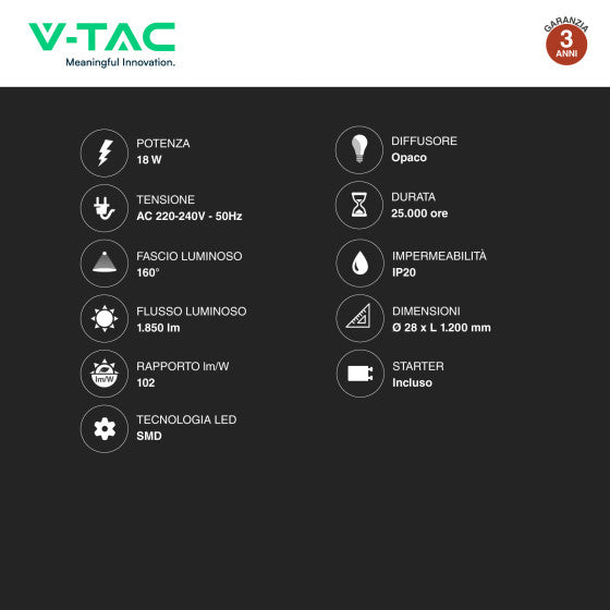 Tubo LED SMD Nano Plastic T8 G13 18W V-Tac Lampadina 120cm con Starter - Disponibile Luce: Calda 3000K - Naturale 4000K - Fredda 6500K