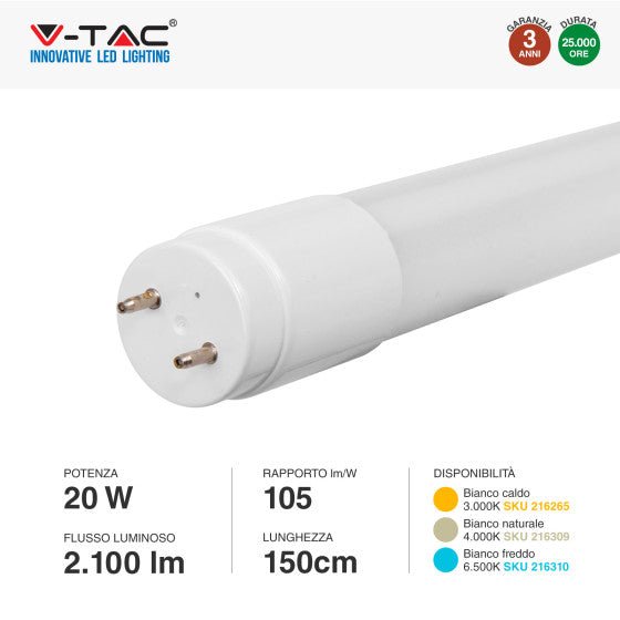 Tubo LED SMD Nano Plastic T8 G13 20W V - Tac Lampadina 150cm con Starter - Disponibile Luce: Calda 3000K - Naturale 4000K - Fredda 6500K - Elettrohub.it