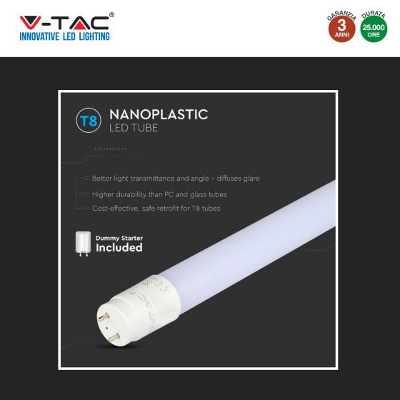 Tubo LED SMD Nano Plastic T8 G13 20W V - Tac Lampadina 150cm con Starter - Disponibile Luce: Calda 3000K - Naturale 4000K - Fredda 6500K - Elettrohub.it