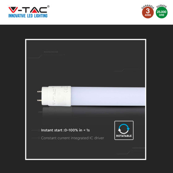 Tubo LED SMD Nano Plastic T8 G13 20W V-Tac Lampadina 150cm con Starter - Disponibile Luce: Calda 3000K - Naturale 4000K - Fredda 6500K