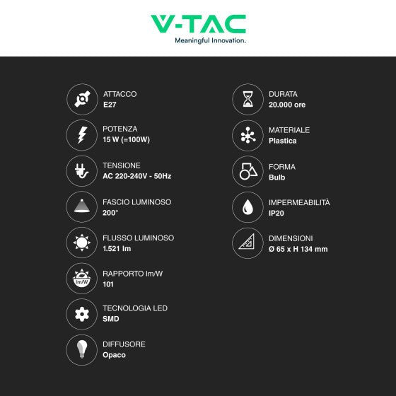 Lampadina LED E27 15W V - TAC - A65 Goccia SMD - Disponibile Luce: Calda 3000K - Naturale 4000K - Fredda 6500K - Elettrohub.it