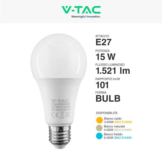 Lampadina LED E27 15W V - TAC - A65 Goccia SMD - Disponibile Luce: Calda 3000K - Naturale 4000K - Fredda 6500K - Elettrohub.it