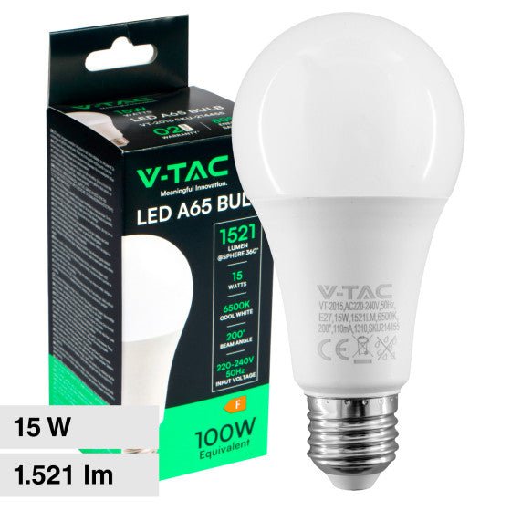 Lampadina LED E27 15W V - TAC - A65 Goccia SMD - Disponibile Luce: Calda 3000K - Naturale 4000K - Fredda 6500K - Elettrohub.it