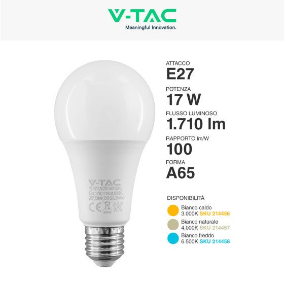 Lampadina LED E27 17W - V - TAC Goccia A65 SMD - Disponibile Luce: Calda 3000K - Naturale 4000K - Fredda 6500K - Elettrohub.it