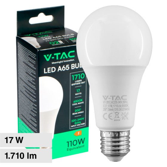 Lampadina LED E27 17W - V - TAC Goccia A65 SMD - Disponibile Luce: Calda 3000K - Naturale 4000K - Fredda 6500K - Elettrohub.it