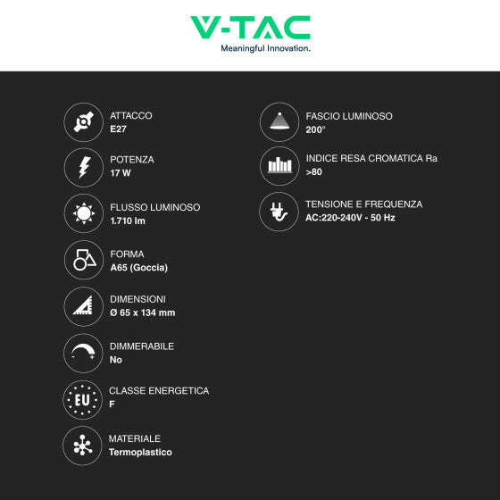 Lampadina LED E27 17W - V-TAC Goccia A65 SMD - Disponibile Luce: Calda 3000K - Naturale 4000K - Fredda 6500K