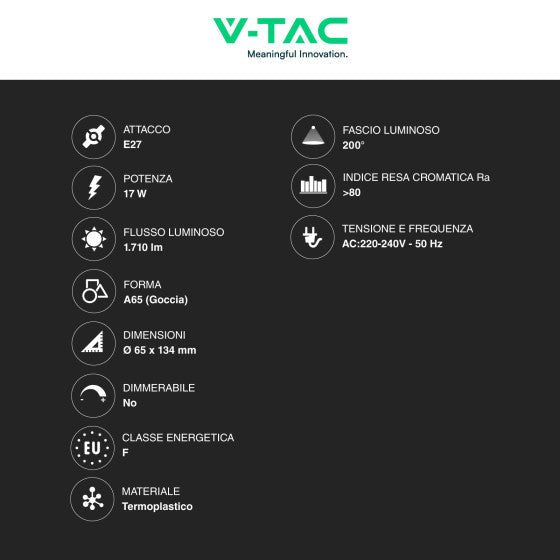 Lampadina LED E27 17W - V - TAC Goccia A65 SMD - Disponibile Luce: Calda 3000K - Naturale 4000K - Fredda 6500K - Elettrohub.it