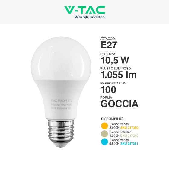 Lampadina LED E27 10,5W V-TAC SMD Goccia A60 - Disponibile Luce: Calda 3000K - Naturale 4000K - Fredda 6500K