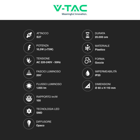 Lampadina LED E27 10,5W V-TAC SMD Goccia A60 - Disponibile Luce: Calda 3000K - Naturale 4000K - Fredda 6500K