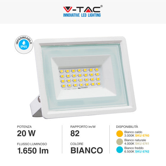 Faro LED Floodlight 20W V-TAC SMD IP65 Colore Bianco - Disponibile Luce: Calda 3000K, Naturale 4000K e Fredda 6500K