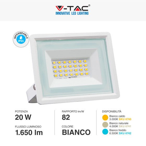 Faro LED Floodlight 20W V - TAC SMD IP65 Colore Bianco - Disponibile Luce: Calda 3000K, Naturale 4000K e Fredda 6500K - Elettrohub.it