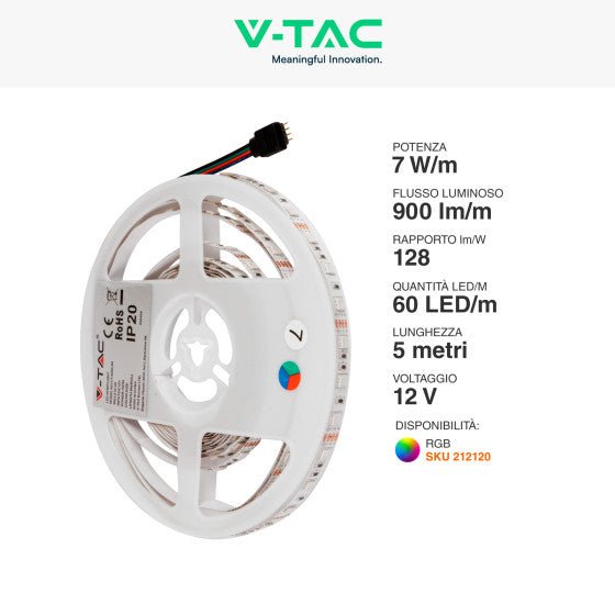 V - Tac Striscia LED Flessibile 35W SMD RGB 60 LED/metro 12V - Bobina da 5 metri - Potenza 7w/m - Elettrohub.it