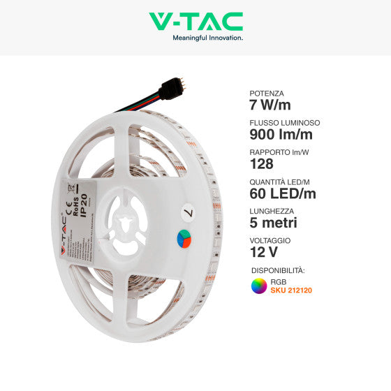 V-Tac Striscia LED Flessibile 35W SMD RGB 60 LED/metro 12V IP65 - Bobina da 5 metri Potenza 7 w/m