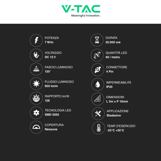 V-Tac VT-5050-60 Striscia LED Flessibile 35W SMD RGB 60 LED/metro 12V - Bobina da 5 metri- Potenza 7w/m