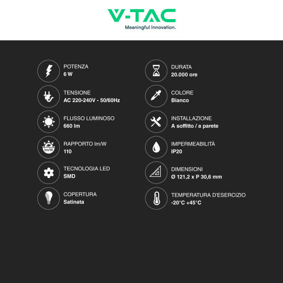 Pannello LED Rotondo 6W V-Tac SMD da Parete con Driver - Disponibile Luce: Calda 3000K, Naturale 4000K e Fredda 6500K