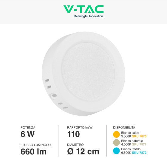 Pannello LED Rotondo 6W V - Tac SMD da Parete con Driver - Disponibile Luce: Calda 3000K, Naturale 4000K e Fredda 6500K - Elettrohub.it