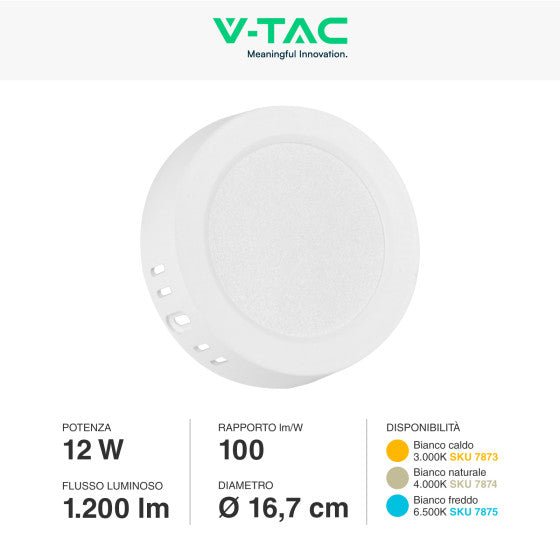 Pannello LED Rotondo 12W V-Tac SMD da Parete con Driver - Disponibile Luce: Calda 3000K, Naturale 4000K e Fredda 6500K