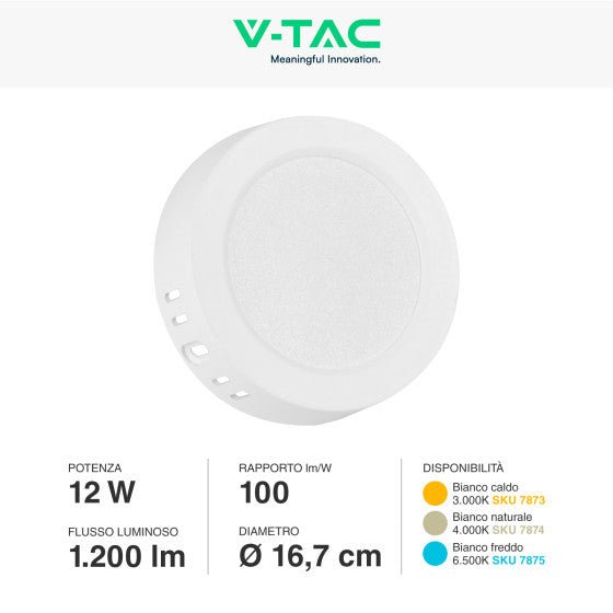 Pannello LED Rotondo 12W V - Tac SMD da Parete con Driver - Disponibile Luce: Calda 3000K, Naturale 4000K e Fredda 6500K - Elettrohub.it