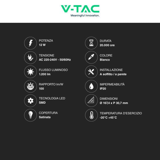 Pannello LED Rotondo 12W V - Tac SMD da Parete con Driver - Disponibile Luce: Calda 3000K, Naturale 4000K e Fredda 6500K - Elettrohub.it