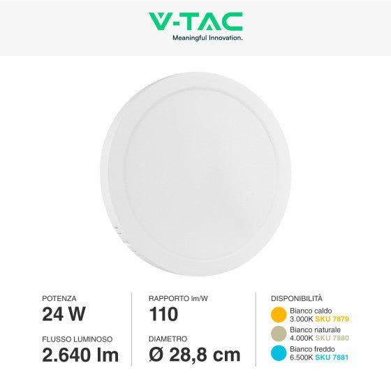 Pannello LED Rotondo 24W V - Tac SMD da Parete con Driver - Disponibile Luce: Calda 3000K, Naturale 4000K e Fredda 6500K - Elettrohub.it