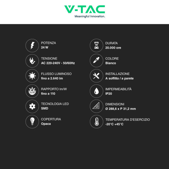 Pannello LED Rotondo 24W V-Tac SMD da Parete con Driver - Disponibile Luce: Calda 3000K, Naturale 4000K e Fredda 6500K