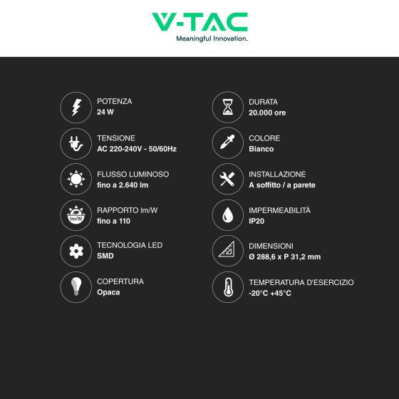 Pannello LED Rotondo 24W V - Tac SMD da Parete con Driver - Disponibile Luce: Calda 3000K, Naturale 4000K e Fredda 6500K - Elettrohub.it