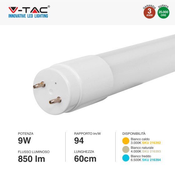 Tubo LED SMD Nano Plastic T8 G13 9W V - Tac Lampadina 60 cm con Starter - Disponibile Luce: Calda 3000K - Naturale 4000K - Fredda 6500K - Elettrohub.it