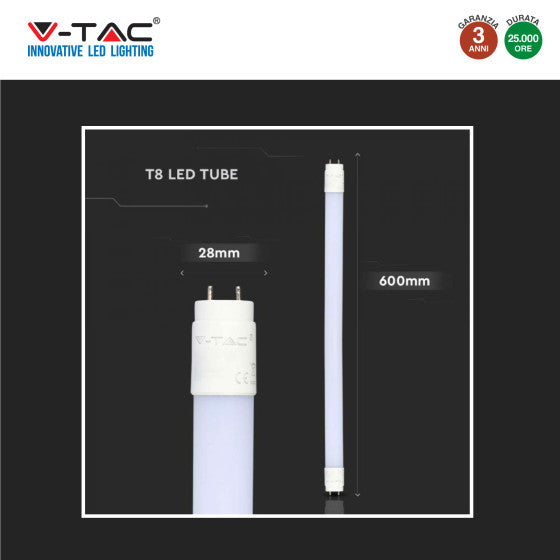 Tubo LED SMD Nano Plastic T8 G13 9W V-Tac Lampadina 60 cm con Starter - Disponibile Luce: Calda 3000K - Naturale 4000K - Fredda 6500K